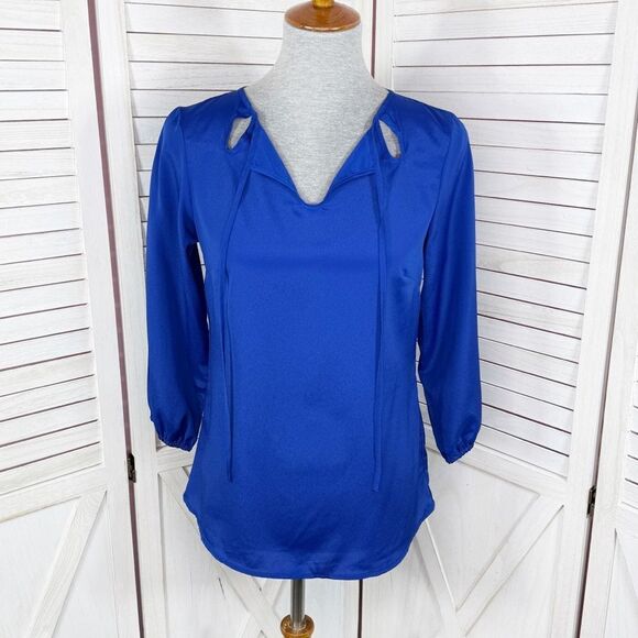 The Limited Cutouts Tie Neck Shimmer Crepe Blouse Blue XS - Picture 1 of 12